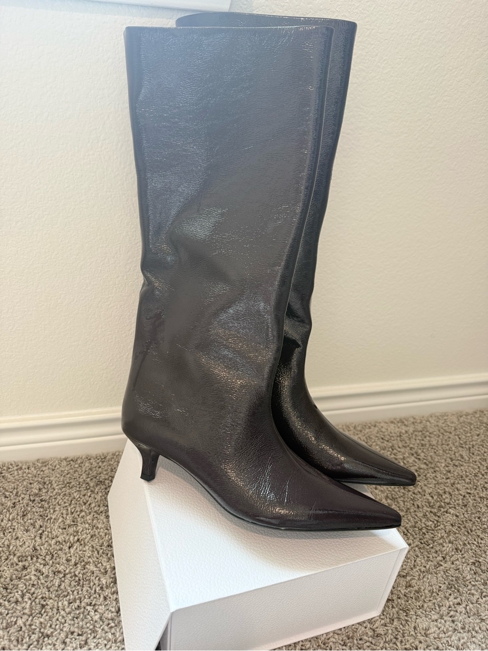 Zara Black Pointed-Toe Knee-High Boots with Kitten Heel